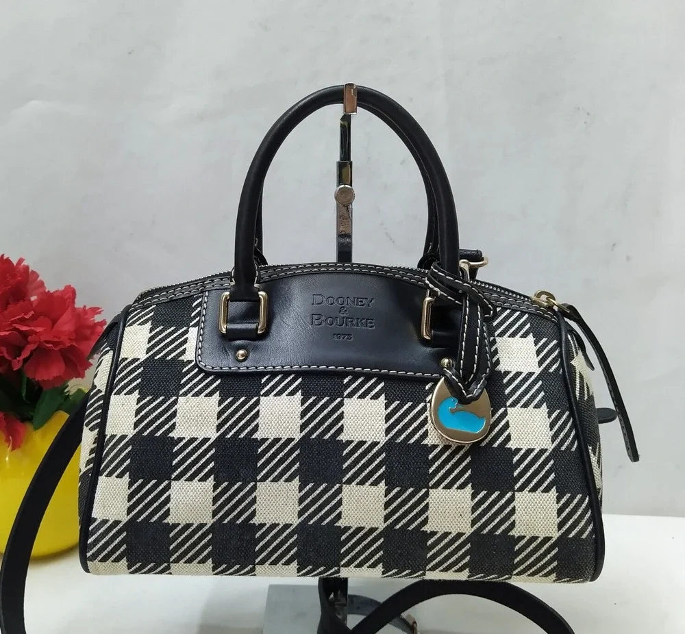 Dooney & Bourke Black White Checker Canvas Leather Trim Top Handle Satchel Bag